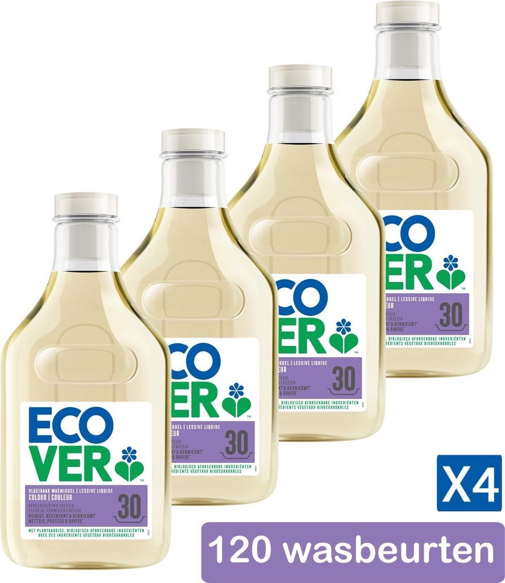 Ecover Wasmiddel Voordeelverpakking 4 x 1,5 L - Ecologisch & Krachtig - Voor Gekleurde Was - Appelbloesem & Freesia Geur