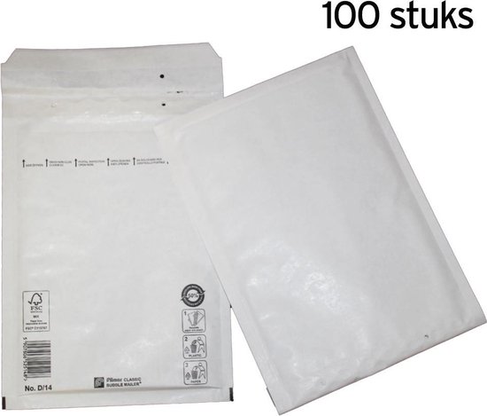Twee witte luchtkussenenveloppen, waarvan één met de tekst '100 stuks'.