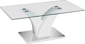 Design salontafel 110 cm met rechthoekig glazen blad en frame in MDF en wit gelakt metaalkleurig.