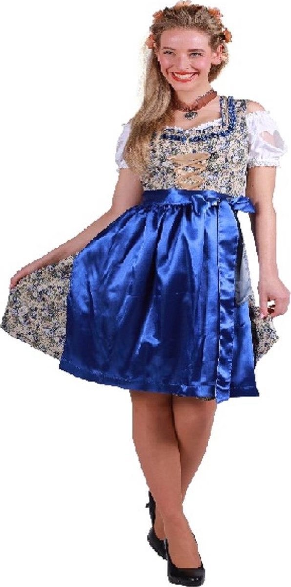 Dirndl - Tirolerjurk - Lisa-Marie - Blauw- bloemen - Jurk - Schort (maat 48)