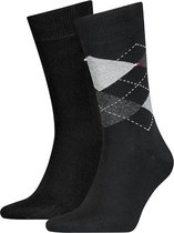Tommy Hilfiger Check Socks (2-pack) - herensokken katoen - geruit en uni - zwart -  Maat: 39-42