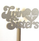 Taartdecoratie versiering| Taarttopper| Cake topper| Baby | Twin Sisters| Zilver glitter|14 cm| karton