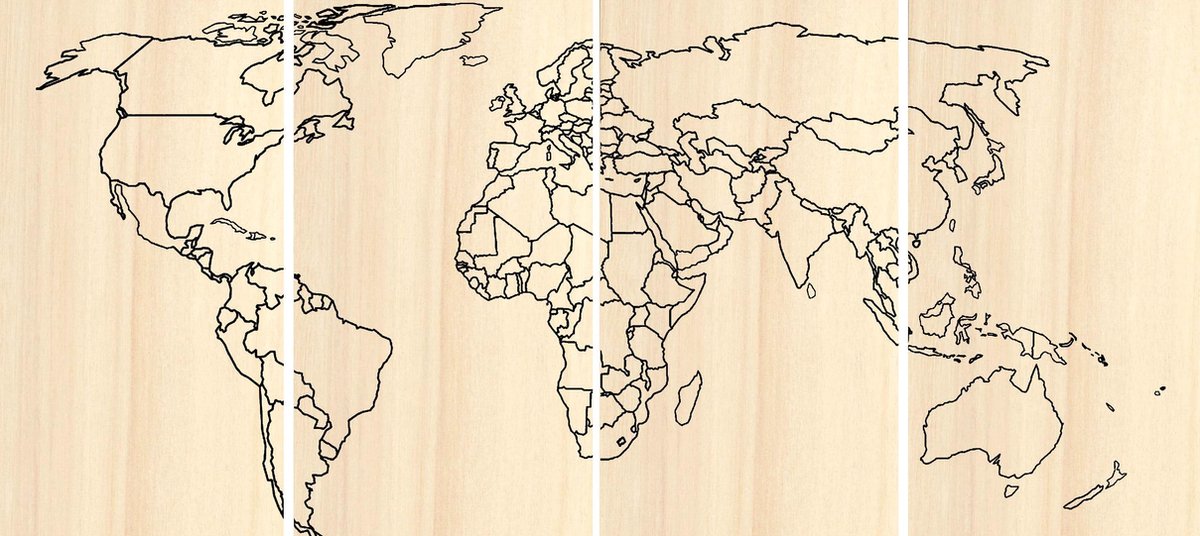 Wereldkaart gebrand op populieren hout 4 vlakken