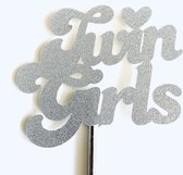 Taartdecoratie versiering| Taarttopper| Cake topper| Baby | Twin Girls| Zilver glitter|12 cm| karton