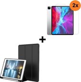 iPad Pro 2020/2021 hoesje - iPad Pro 2020/2021 Screenprotector - 12.9 inch - Tri fold book case hoesje met stand Zwart + 2x Tempered Gehard Glas / Glazen