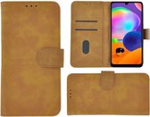 Samsung Galaxy A31 hoes Effen Wallet Bookcase Hoesje Cover Bruin Pearlycase