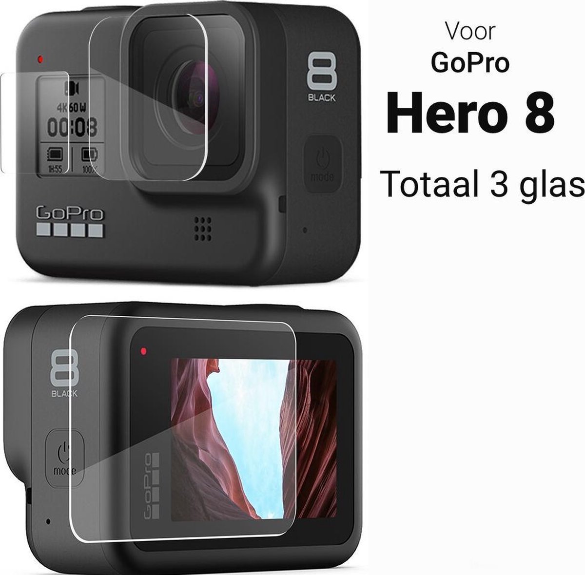 Tempered Glass Screen Protector - LCD + Lens + Mini Voorscherm Cover voor GoPro Hero 8 - 9H Gehard glas screenprotector - Bescherming GoPro Hero 8 Screen Protector