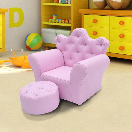 Kindersofa met poef - Kinder Fauteuil - Kinder relax stoel met voetenbank - Kunstleer - Roze van Kinder — afbeelding 4