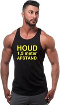 Zwarte Tanktop sportshirt Size L met Fel Gele tekst “ Houd 1,5 meter Afstand “