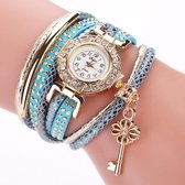 Ronde kleine wijzerplaat diamanten ring armband quartz horloge met sleutelhanger (hemelsblauw)