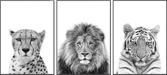 Zwart/wit dieren posters - 3 stuks - 20x30 cm - Cheetah, leeuw & tijger