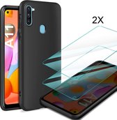 Samsung Galaxy A11 Matte Zwart Siliconen Back Cover met 2X Screenprotector - Tempered Glass - Epicmobile