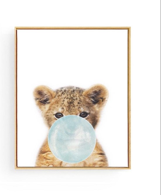 Postercity - Design Canvas Poster Baby Tijger  Blauwe Kauwgom / Kinderkamer / Dieren Poster / Babykamer - Kinderposter / Babyshower Cadeau / Muurdecoratie / 50 x 40cm