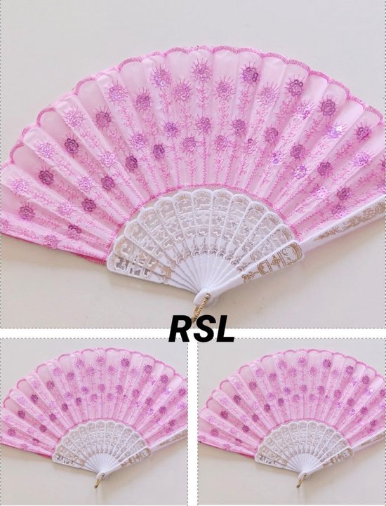 Spaanse handwaaiers met borduursels en pailletten 3 stuks lichtroze