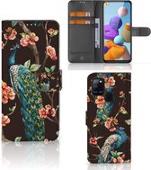 Telefoonhoesje Samsung Galaxy A21s Flipcase Cover Pauw met Bloemen