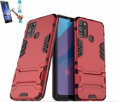 Huawei Honor 9A Kickstand Shockproof Rood Cover Case Hoesje - 1 x Tempered Glass Screenprotector A3TBL