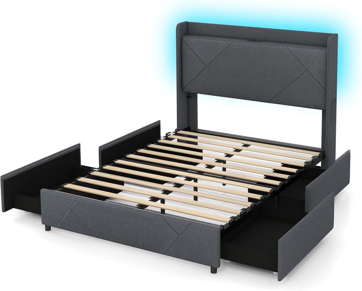 COSTWAY Dubbel bedframe incl. LED-verlichting, gewatteerd platformbed met laadstation, 2 opbergvakken & 4 laden, bedframe met vleugelhoofdeinde, bedframe grijs (200 x 140 cm)