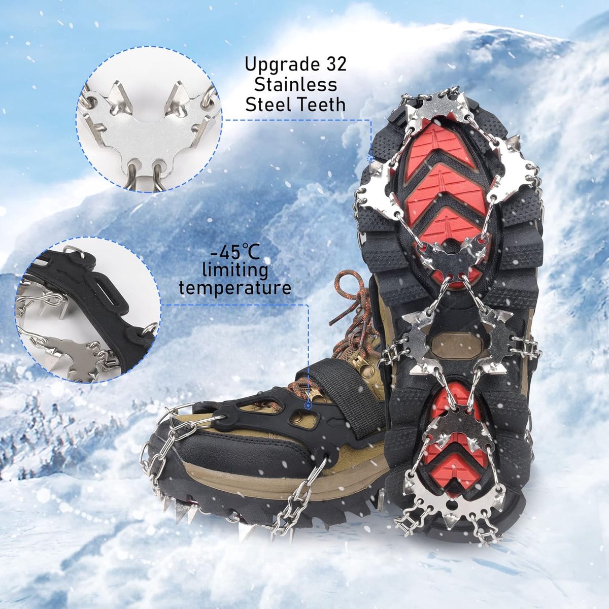 Candala Stijgijzers ijsnoppen antislip sneeuwgrips voor laarzen schoenen met 32 roestvrijstalen spikes antislip voor wandelen hiken klimmen vissen en bergbeklimmen Zilver