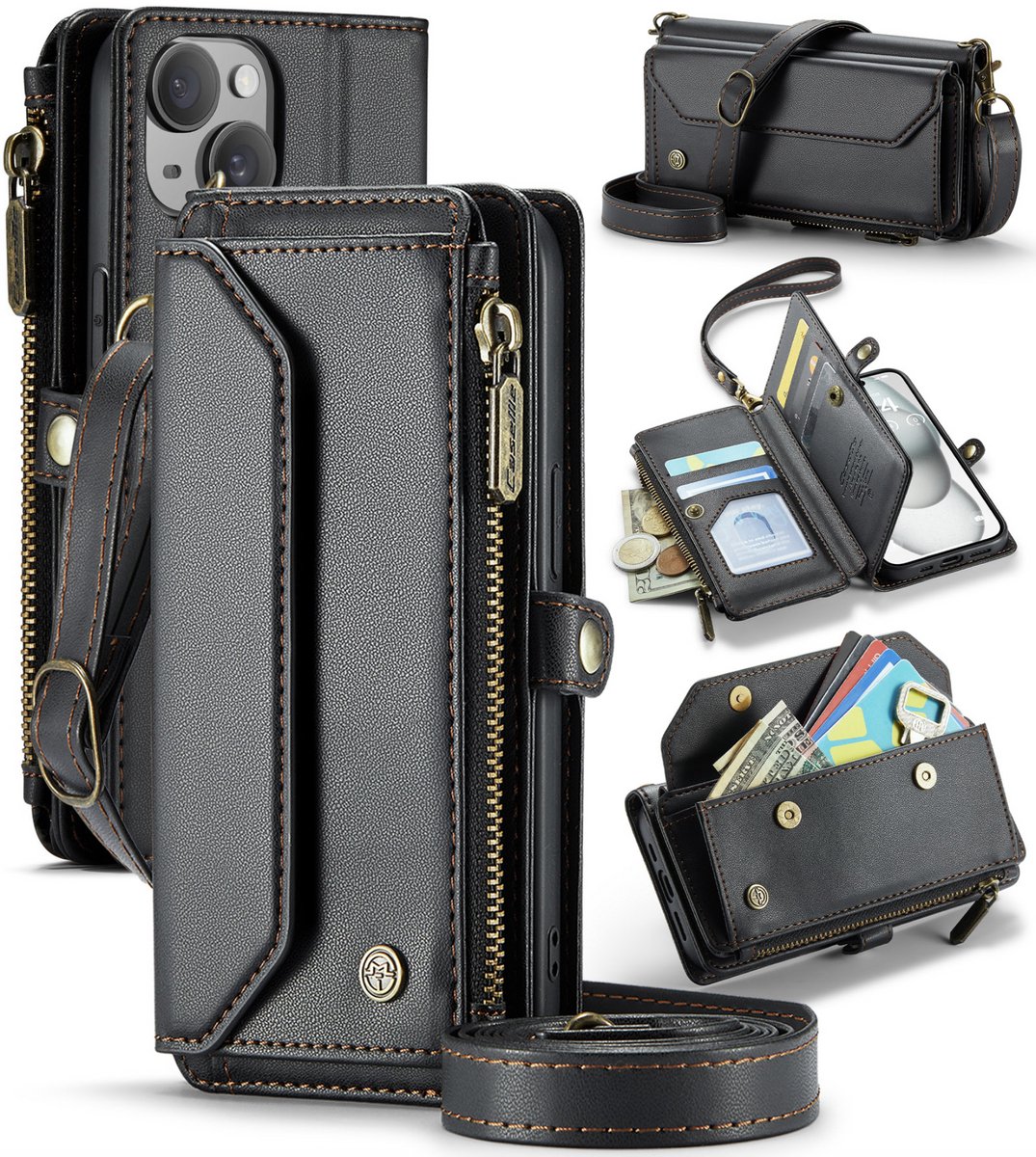CaseMe – Telefoonhoesje geschikt voor Apple iPhone 15 Plus – Luxe Wallet Book Case – Ritsvak & Polsband – Portemonnee hoesje - PU Leer – Zwart