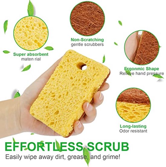 Biodegradable Natural Kitchen Sponge, Ecological, Scratch-Free, Compostable Cellulose Island Coconut Sanding Sponge, Pack of 12 (Coconut) — afbeelding 3