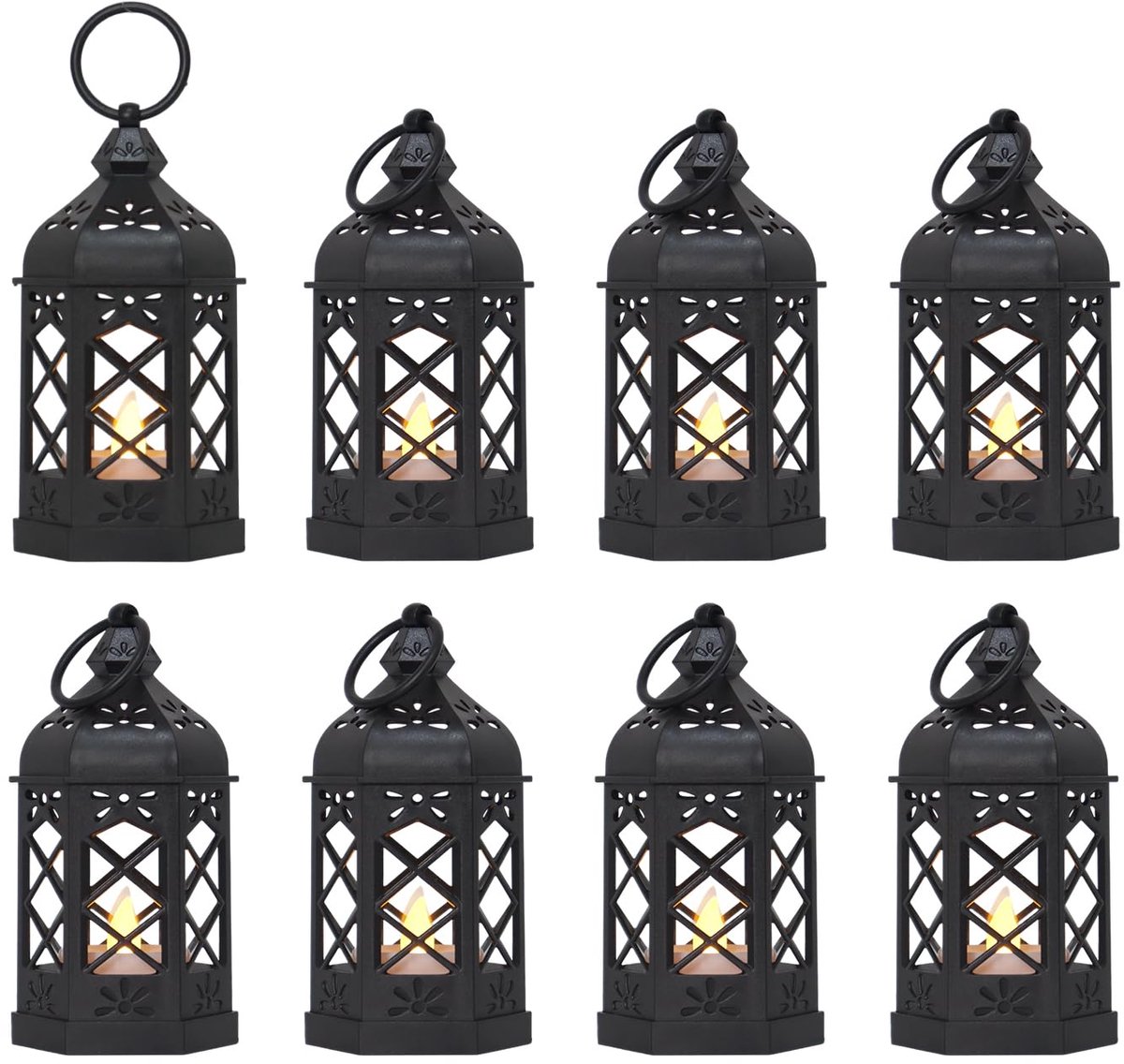 8 stuks - Mini-lantaarns - Witte bruiloftsdecoraties, Kerstmis, Halloween-feestjes - Sfeerverlichting voor op tafel - Vintage decoraties - zwart
