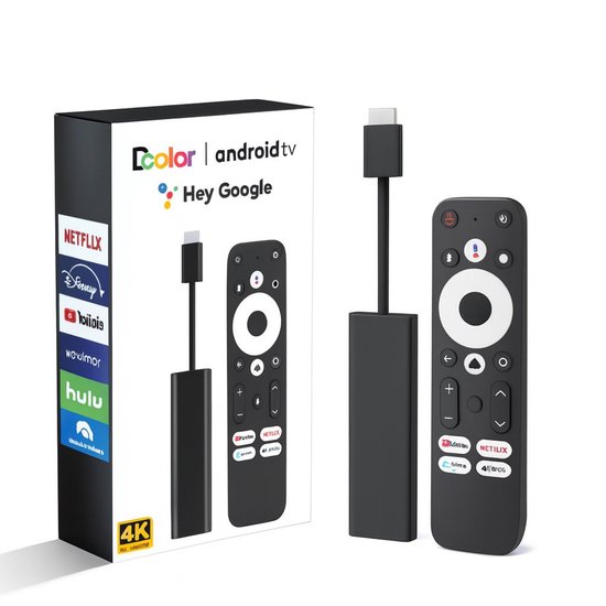 4K Android TV Streamer Met Smart TV interface - Chromecast Built In - Google Certified -Netflix/Youtube/Prime/Google Play Store - Voice Control - 4kUltra HD Streaming Dongle