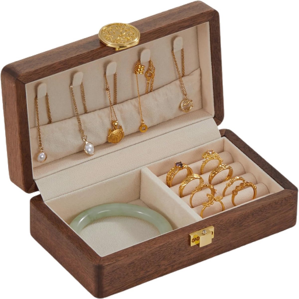 Houten Sieraden Organizer Doos voor Reizen - Kleine Opbergdoos voor Oorbellen, Ringen en Kettingen