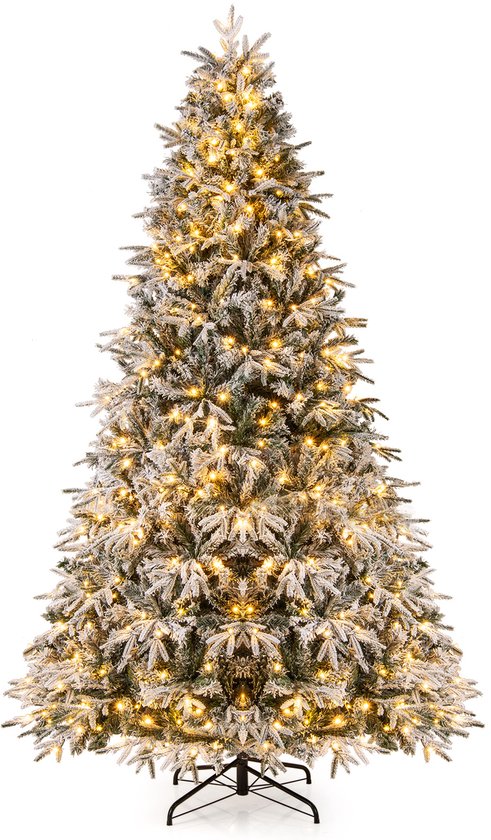 COSTWAY 270 cm Kunstkerstboom 2198 takken - met sneeuw en verlichting - Kunststof dennenboom PE & PVC - met 600 LEDs - Kerstboom voor Kerstmis - wit groen