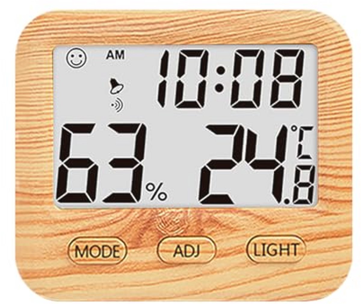 Digitale hygrometer en temperatuur-vochtigheidsmeter met achtergrondverlichting en bureauklok