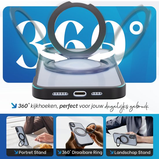 Étui Reovo compatible avec iPhone 17 MagSafe - Support à 360° - Protection contre les chutes jusqu'à 2 m - Zwart - Prise en main antidérapante - Protection de l'appareil photo