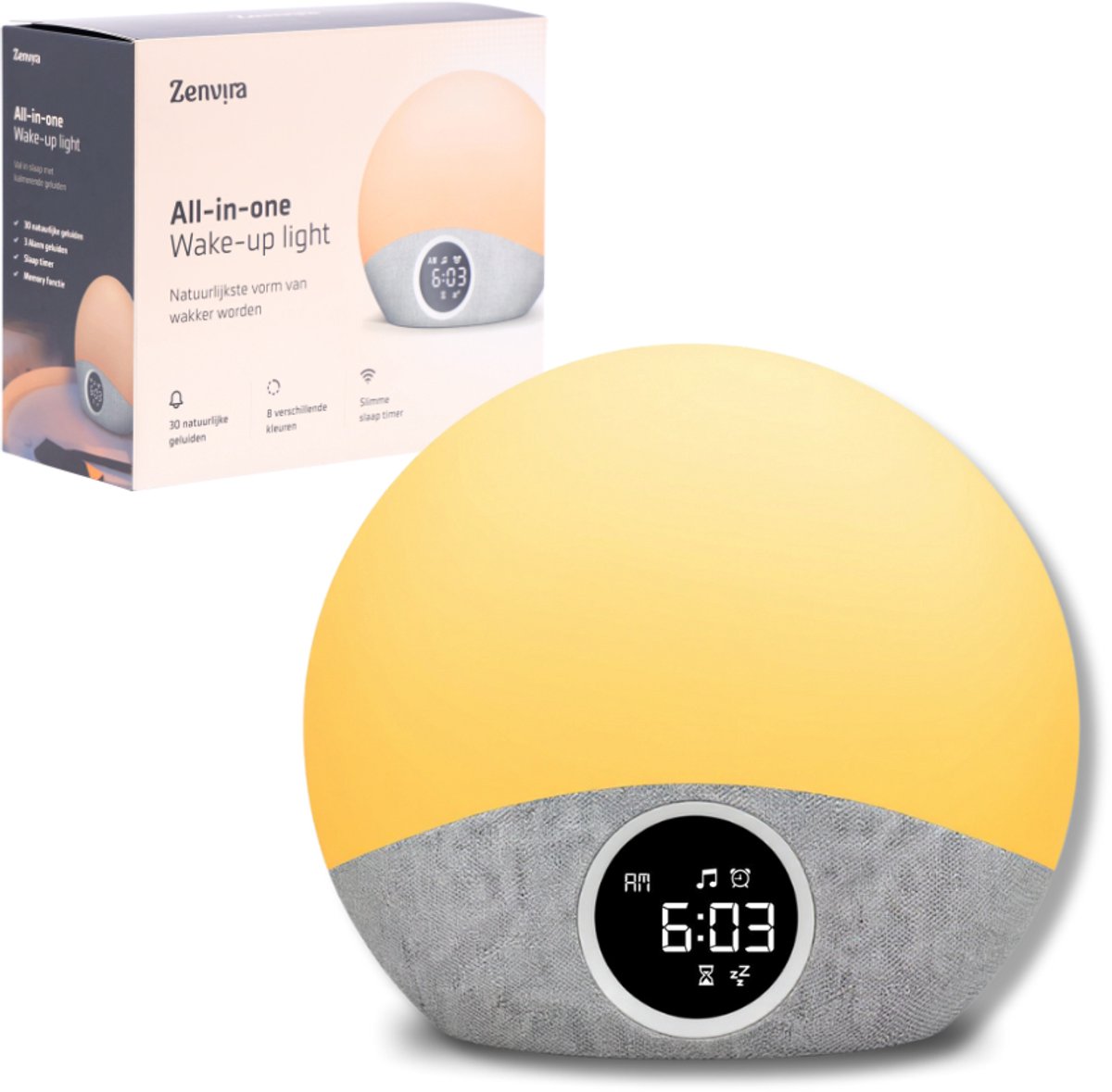 Zenvira Wake up light - Digitale wekker - Lichtwekker - Nachtlamp - 30 White noise geluiden - Met Snooze functie Timer 8 sfeer kleuren licht dimmer 5 wekker geluiden