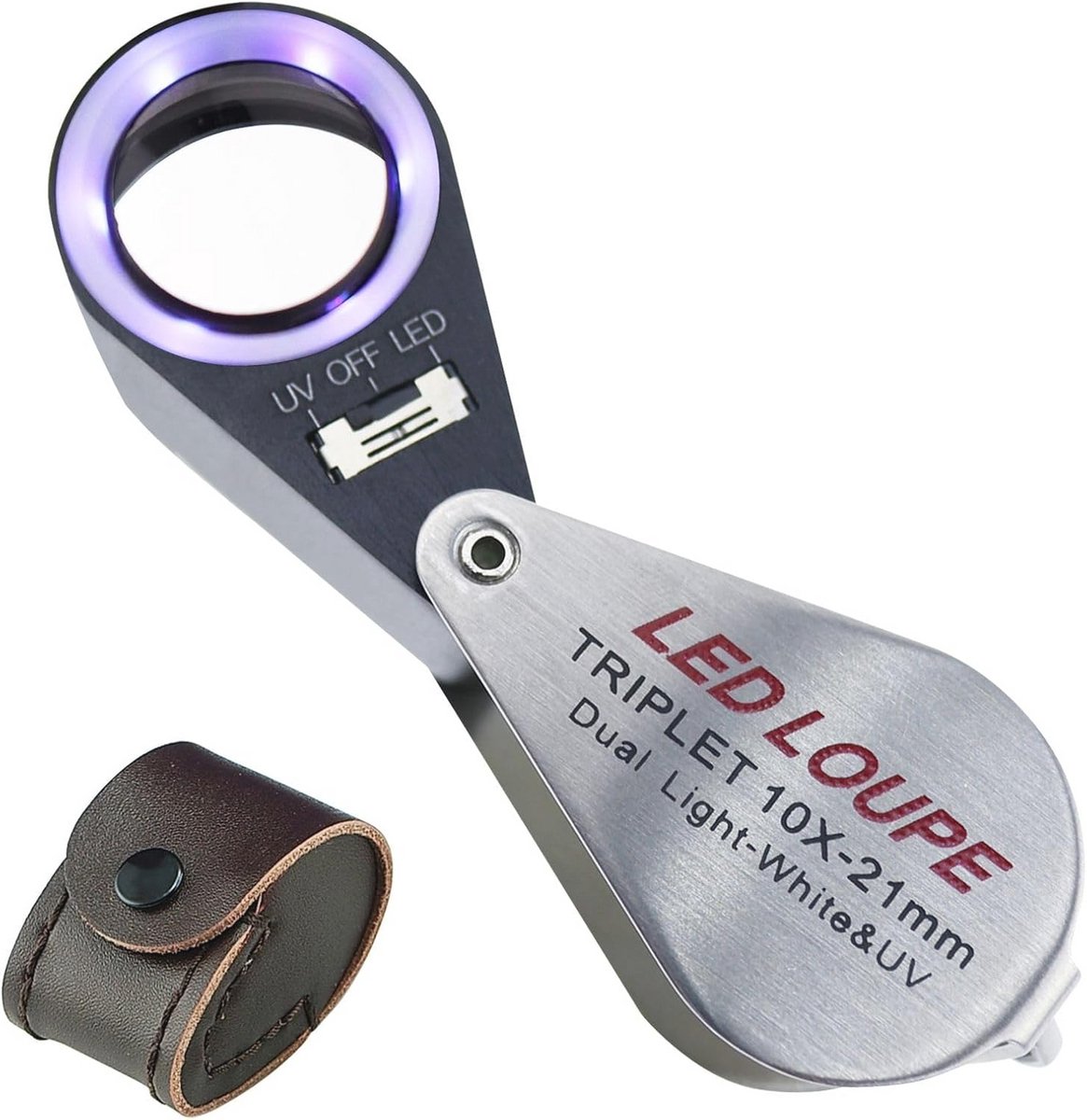 Opvouwbare loep 10x met UV- en LED-licht voor sieraden, stenen, munten en antiek
