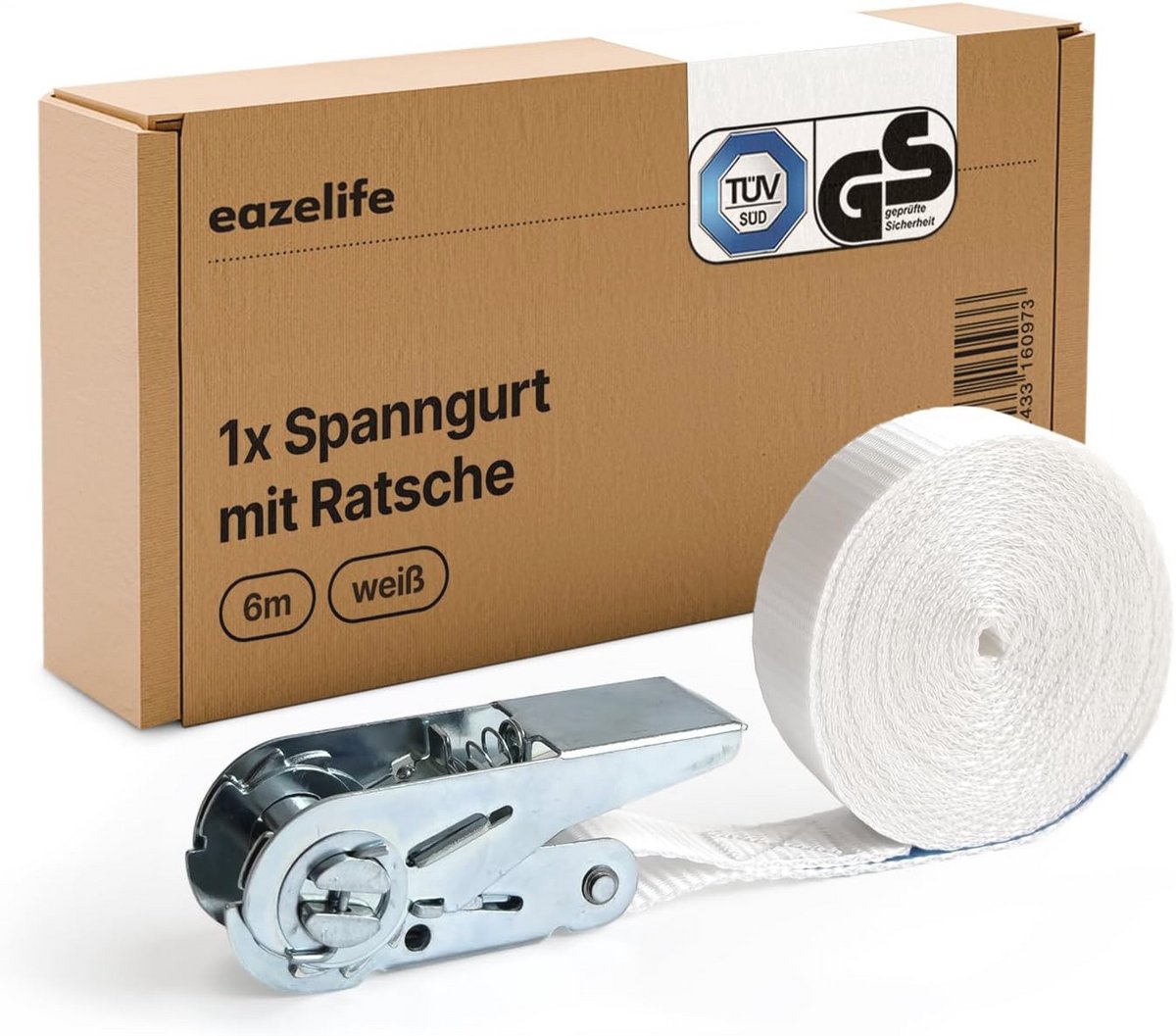 Spanband 6 m, 25 mm voor droger en wasmachine, TÜV & GS-gecertificeerd, sjorband met ratel, 800 daN, wit