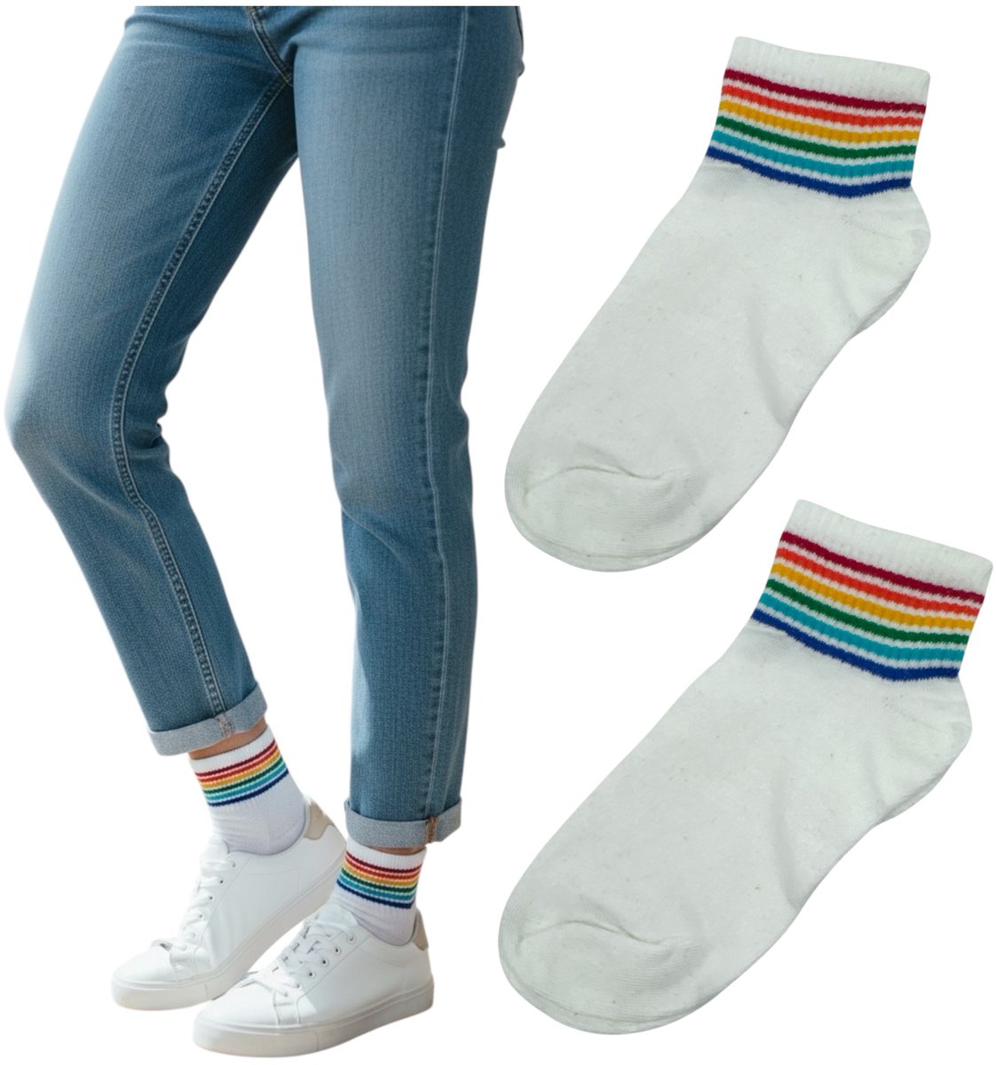 Witte Enkelsokken met Regenboogstrepen - One Size – Fris, Comfortabel & Vrolijk (1 Paar)