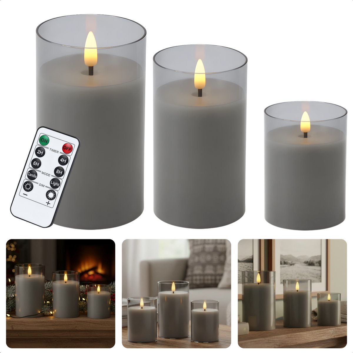 Cheqo® LED Kaarsen Set – Inclusief Afstandsbediening – Grijs Glasdesign – Werkt op Batterijen – Timerfunctie – Dimbare Verlichting – Twee Lichtstanden – Decoratieve Kaarsen – Elektrische Kaarsen - LED Kaars