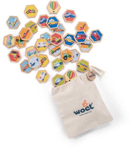 Woet® Houten Memory Spel met Voertuigen - Geheugenspel voor Kinderen - FSC - Inclusief Opbergzak - Educatief Speelgoed - Vanaf 2 Jaar