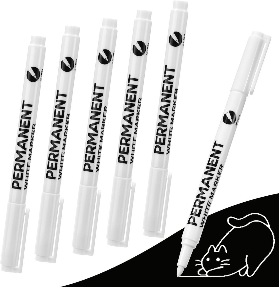 Set van 6 markers - markeerstift - acrylverf - harde punt - textielverf - permanente markerset - fijne punt 2 mm - waterbestendige verfpen - marker - voor textiel, kunstpapier, tekenen, kleuren, krabbelen, doe-het-zelf-knutselen - 14 cm - wit