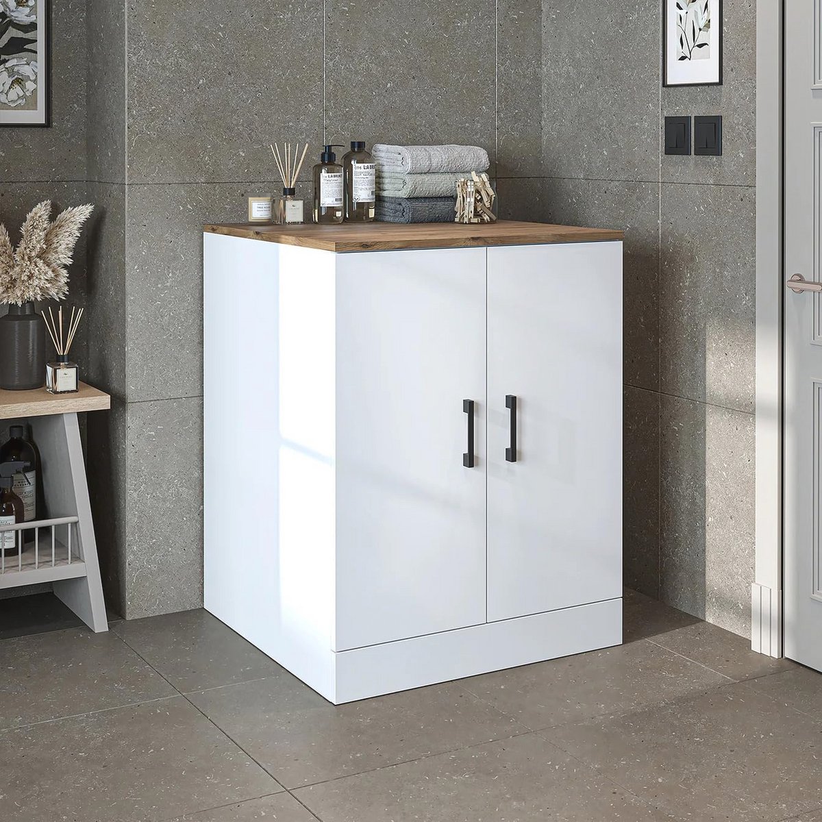 Badkamer Wasmachinekast - Wastoren en Wasmachinerek - 70 x 180 x 69 cm - Wit Eiken