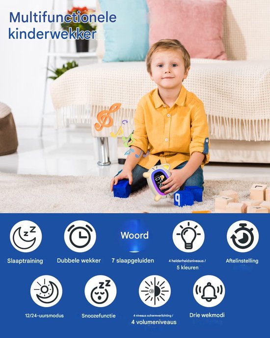 Ynkkvre - Slaaptrainer Kind - Wekker Kinderen met Nachtlampje & Geluiden - Digitale Slaapwekker Peuter - kan worden gebruikt tijdens slaaptraining en geluidsontwaking , Oplaadbaar via USB-C- kat van Ynkkvre — afbeelding 2