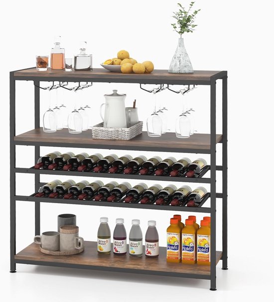 Wijnrek, hoekwijnrek met glazenhouder en opbergplanken, wijnflessenrek, grijs