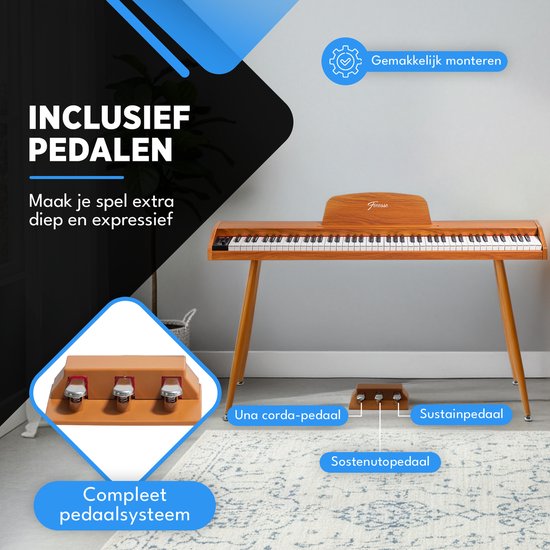 Digitale piano met houten afwerking en 3 pedalen: sostenuto, demper en una corda. Eenvoudig te monteren.