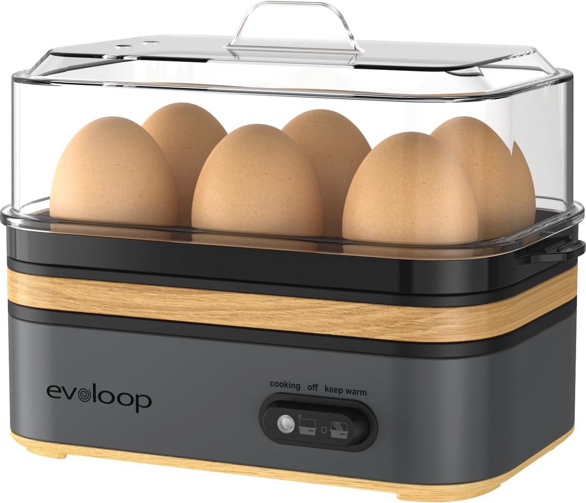 Evoloop Elektrische snelkookpan, capaciteit voor 6 eieren, zacht, medium, gekookt, stroper, eierkoker met automatische uitschakeling, BPA-vrij