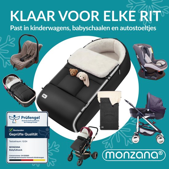 Sac de couchage bébé Monzana avec ours en peluche et lapin dans poussette, siège auto et buggy. Noir avec doublure en fourrure.