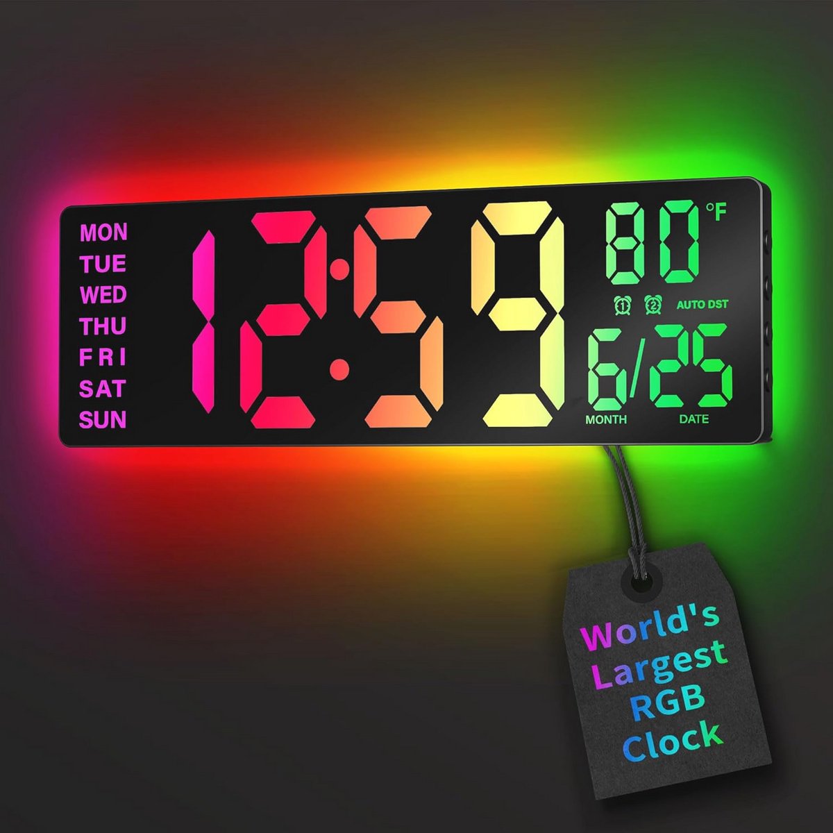 EASYERA 16,5 inch grote digitale wandklok met RGB-licht, dubbel alarm met grote LED-schermweergave, automatische DST, consumentenknoopcelbatterij