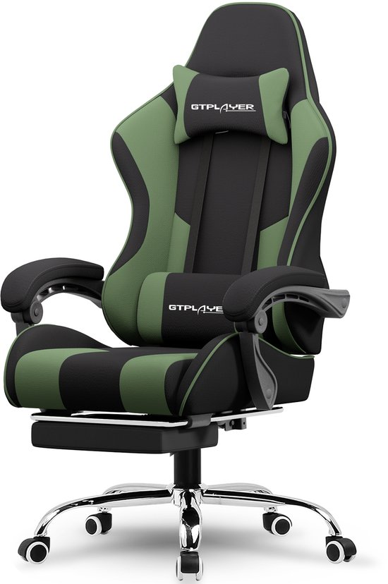 Groene en zwarte GTPLAYER gamingstoel met verstelbare rugleuning, nekkussen, lendenkussen en voetsteun.