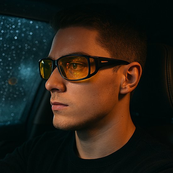 Man met zwarte, gepolariseerde nachtbril met gele glazen in de auto bij regen. De bril verhoogt het zicht.