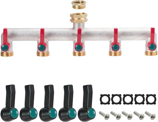 Foto: Messing 5 voudige slangsplitter met 5 ventielen en verlengd handvat voor bewatering