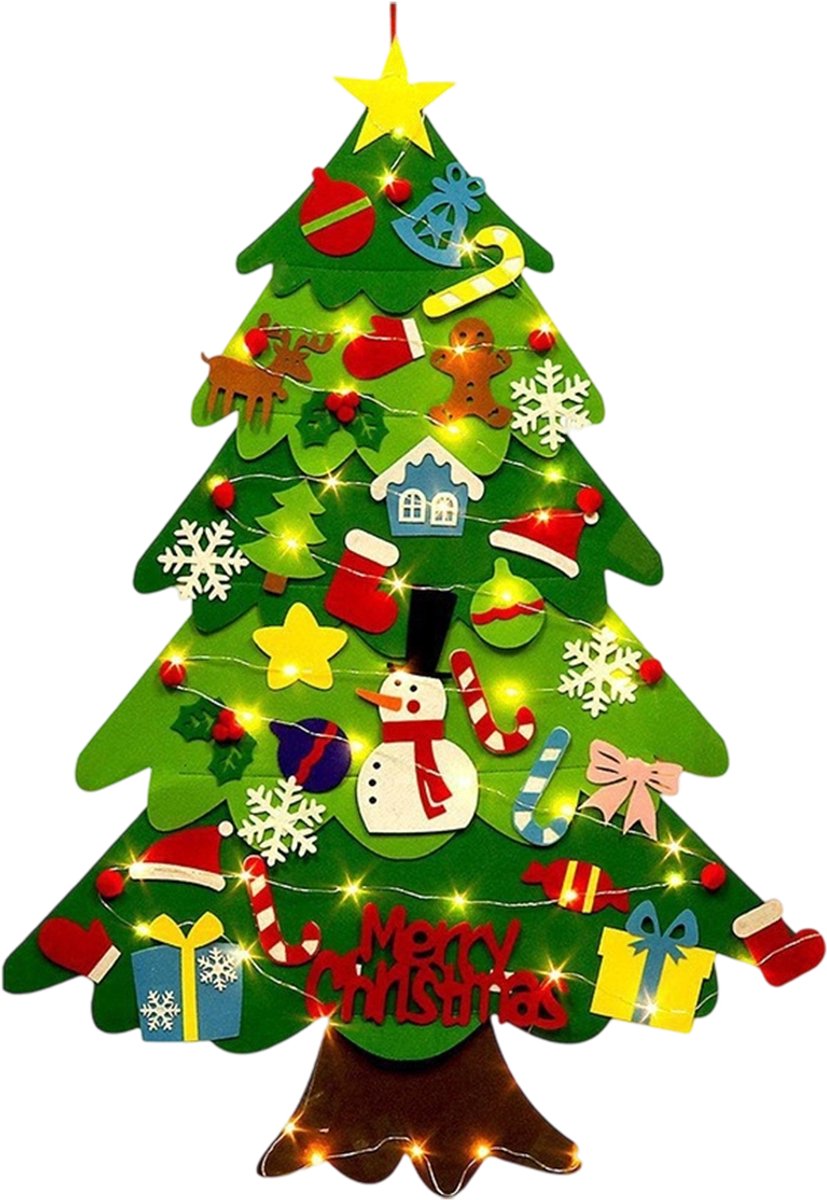 Vilten Kerstboom - Kindermuurset - 3m - Lichtsnoer, 32 Ornamenten