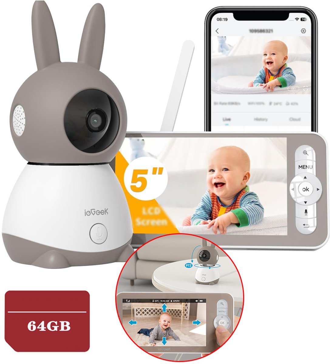 Babyfoon met Full HD camera - 5.0 Inch HD Baby Monitor - 2K 3MPx Camera - Touchscreen Monitor- & Gratis App - Ultrahelder Nachtzicht – Pan-Tilt – 4× Zoom - 64GB KAART