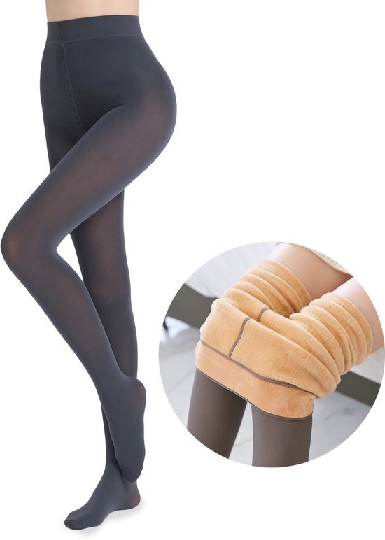 Donkergrijze panty, met een close-up van de zachte fleece voering aan de binnenkant.